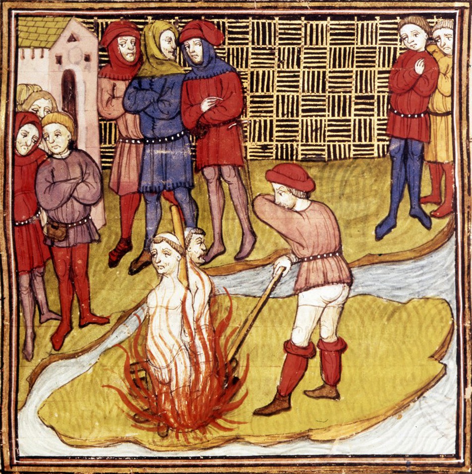 Il rogo sul quale arsero vivi l'ultimo Maestro Jacques de Molay e Geoffrey de Charnay, acceso su di un'isoletta sulla Senna a Parigi, davanti alla Cattedrale di Notre-Dame, il 18 marzo 1314 (manoscritto della fine del XIV secolo).